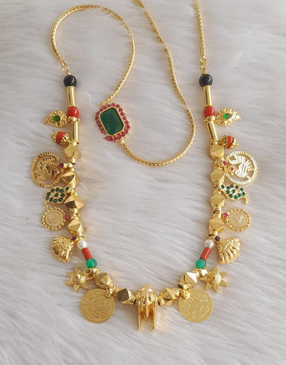 Gold tone ruby-green mugappu with black-coral mango swan lakshmi coin thiru mangalyam dj-43220