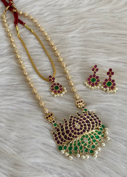 Gold tone precious kemp-green-white pearl lotus nakshi beaded combo set dj-54939