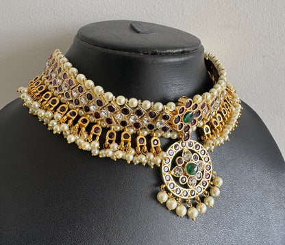 Gold tone precious kemp-green pearl attigai/necklace dj-52003