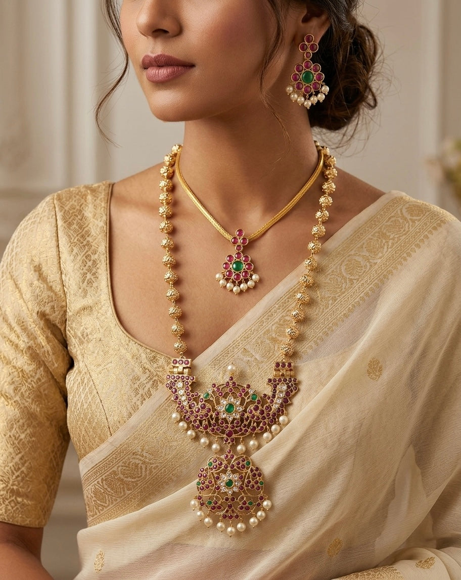 Gold tone precious kemp-green-white pearl peacock nakshi beaded combo set dj-54944