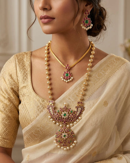 Gold tone precious kemp-green-white pearl peacock nakshi beaded combo set dj-54944