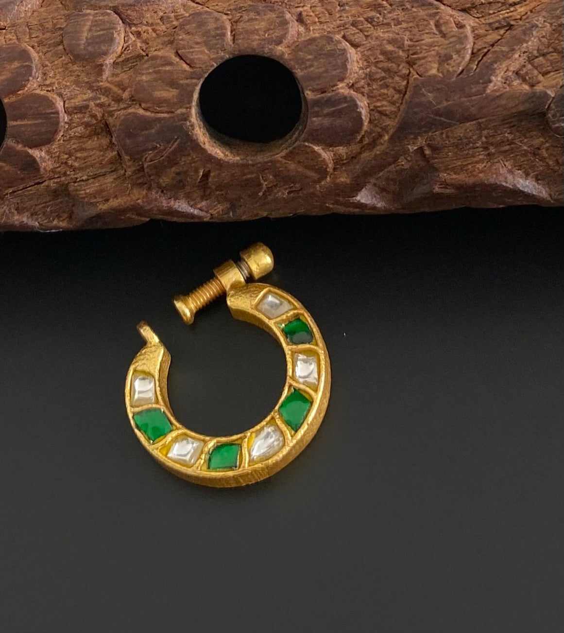 Gold tone kundan jadau green-white stone nose pin dj-53723