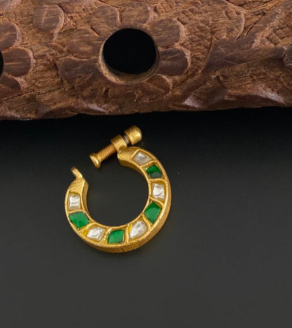 Gold tone kundan jadau green-white stone nose pin dj-53723