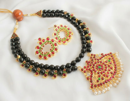 Gold tone kemp-green black agates double layer mango necklace set DJ25018