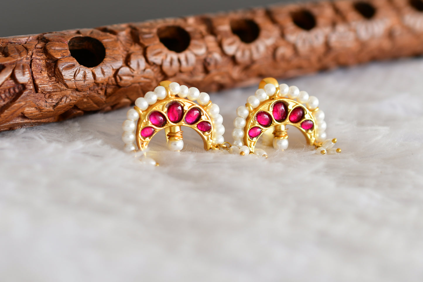 Gold tone pink kundan jadau moon bugadi earrings dj-52466