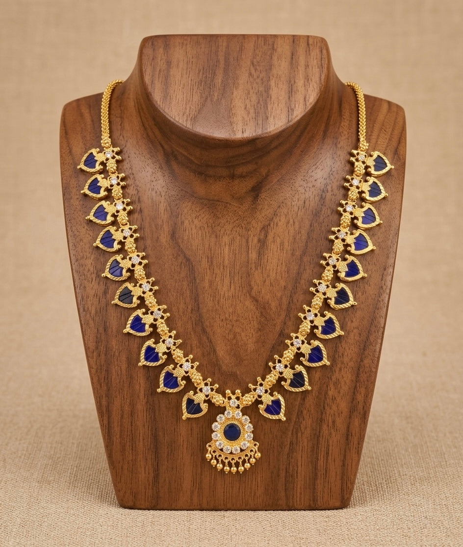 Gold tone white-blue palakka necklace dj-53065