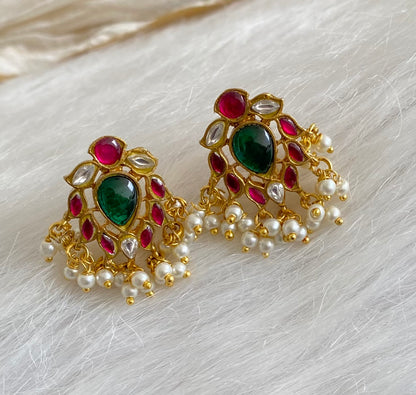 Gold tone pink-green-white kundan jadau pearl bugadi earrings dj-53664