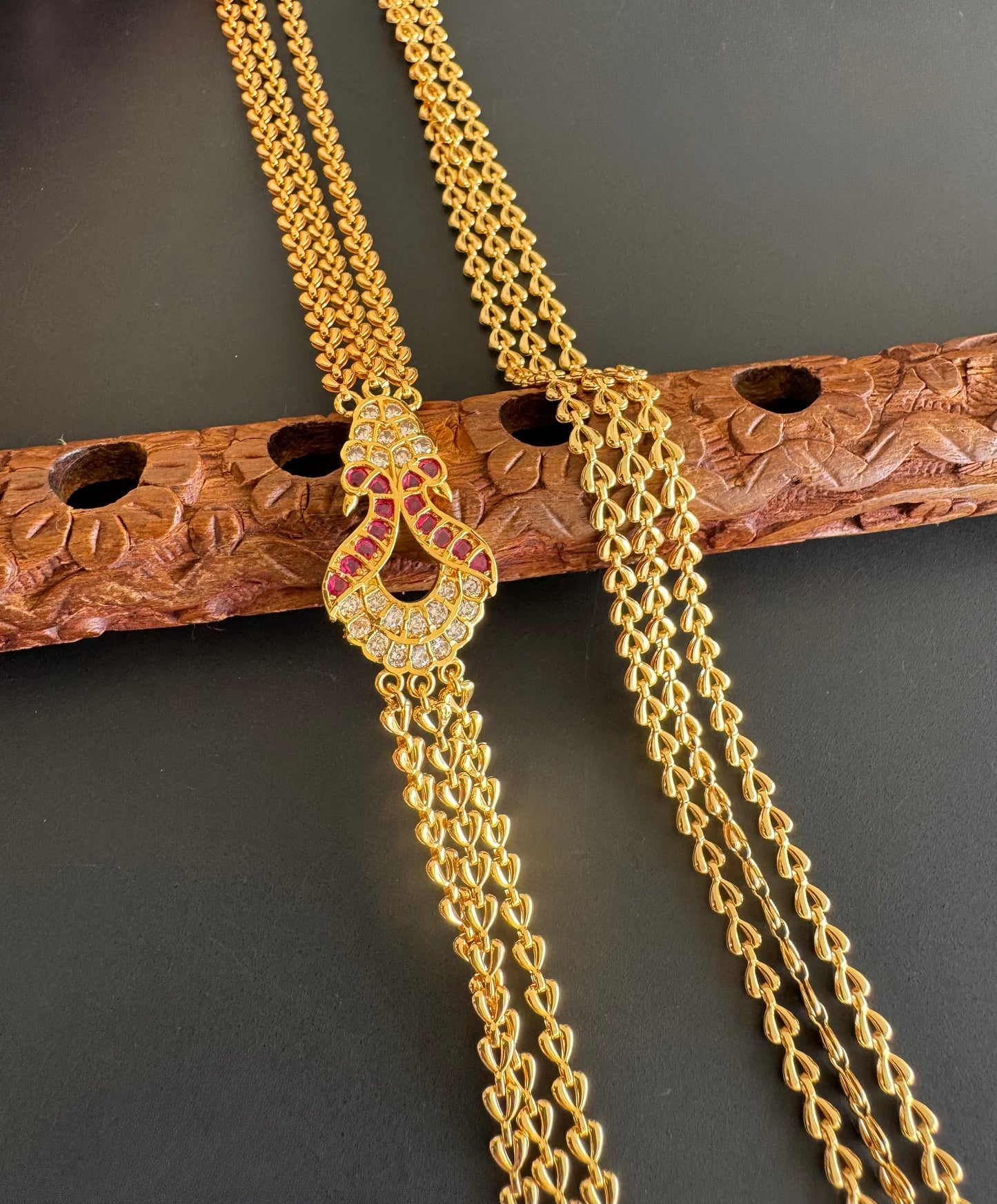 Gold tone 24 inches ruby-white triple layer peacock mugappu chain dj-51268