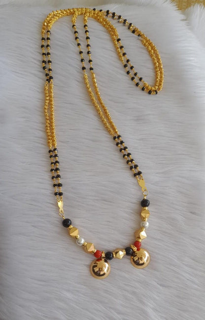 Gold tone 30 inches karimani chain with coral-pearl-black beaded bottu mangalyam dj-43568