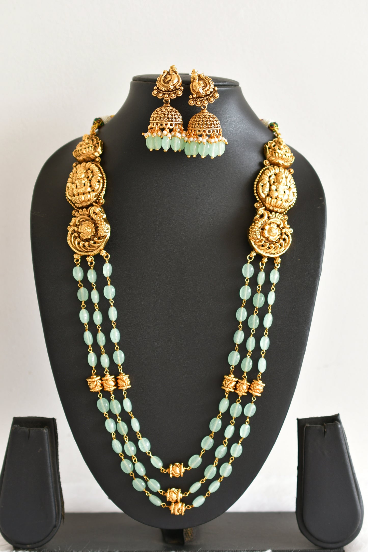 Antique gold tone sea green beaded lakshmi peacock multi layer haar set dj-52428