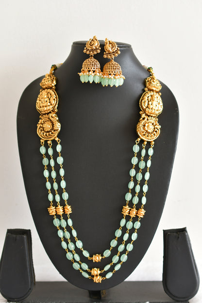 Antique gold tone sea green beaded lakshmi peacock multi layer haar set dj-52428