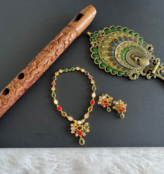 Matte Finish oval stone Navarathna Necklace Set dj-52134