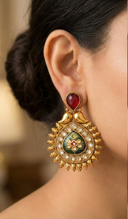 Antique gold tone Meenakari red-green earrings -dj17075