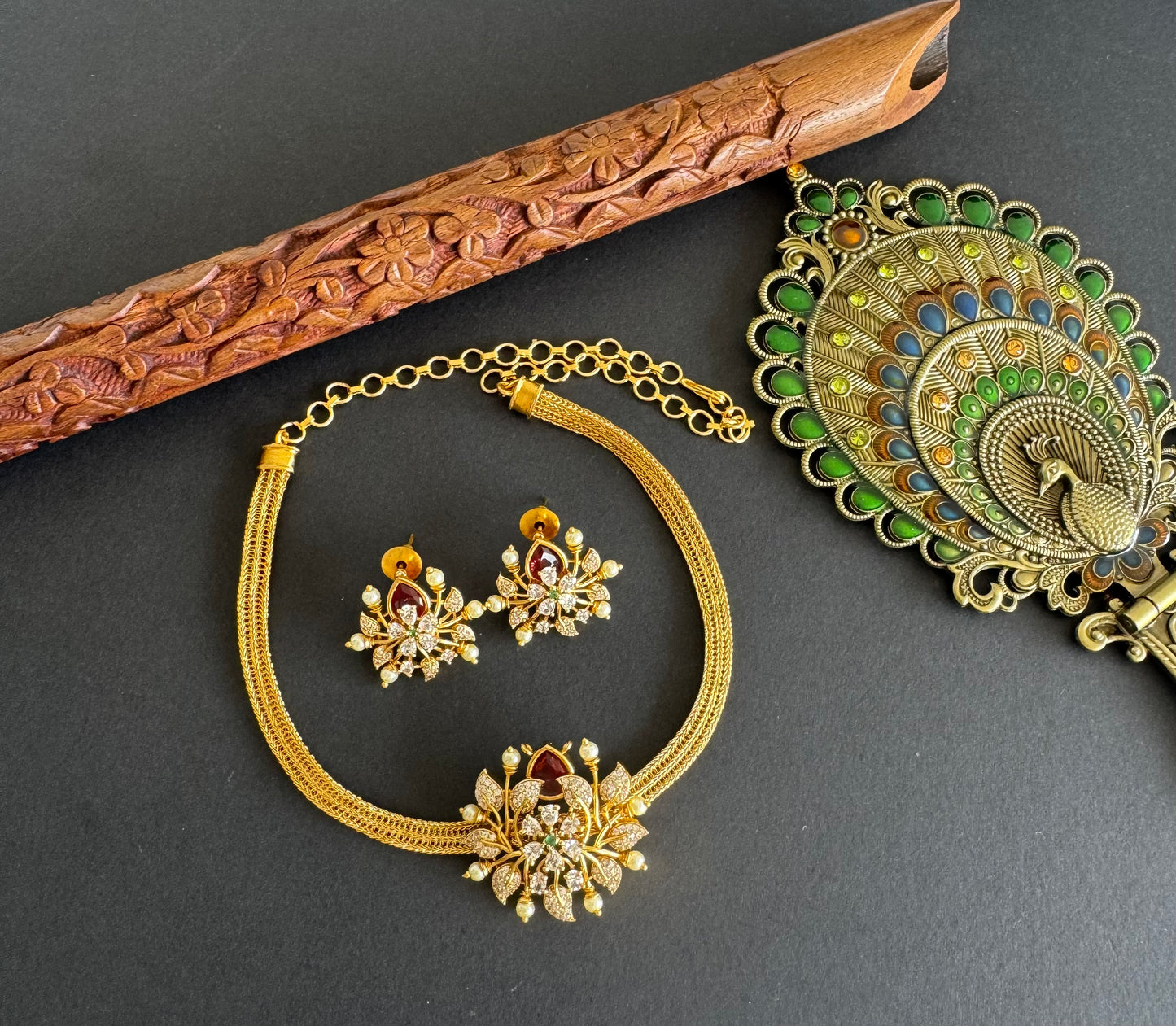 Matte finish cz magenta pink pearl pendant necklace set dj-52091