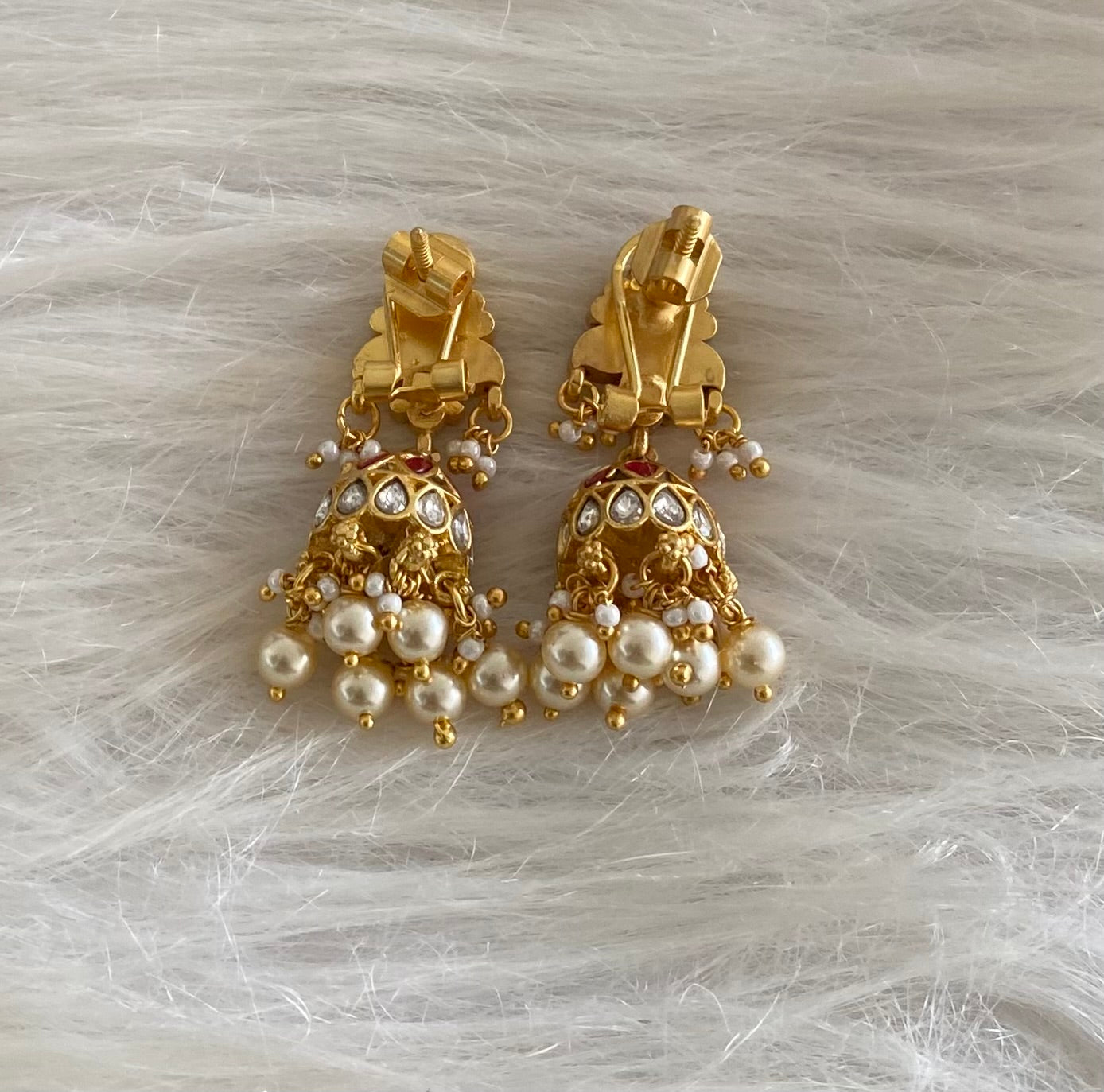 Gold tone pink-green-white stone kundan jadau pearl jhumkka dj-54589