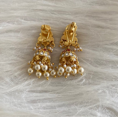 Gold tone pink-green-white stone kundan jadau pearl jhumkka dj-54589
