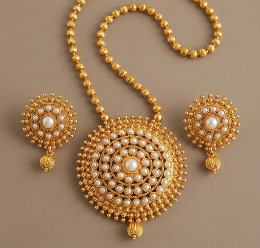 Antique gold tone pearl round pendant necklace set-dj07215