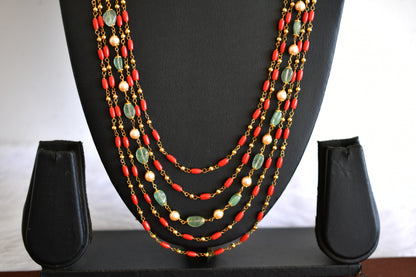 Antique gold tone flower coral-green-pearl beaded multilayer necklace dj-52695