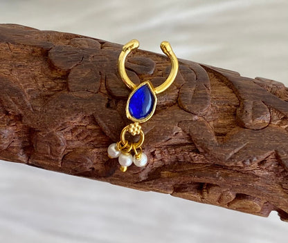 Gold tone blue stone pearl nose pin/bulakku dj-53809