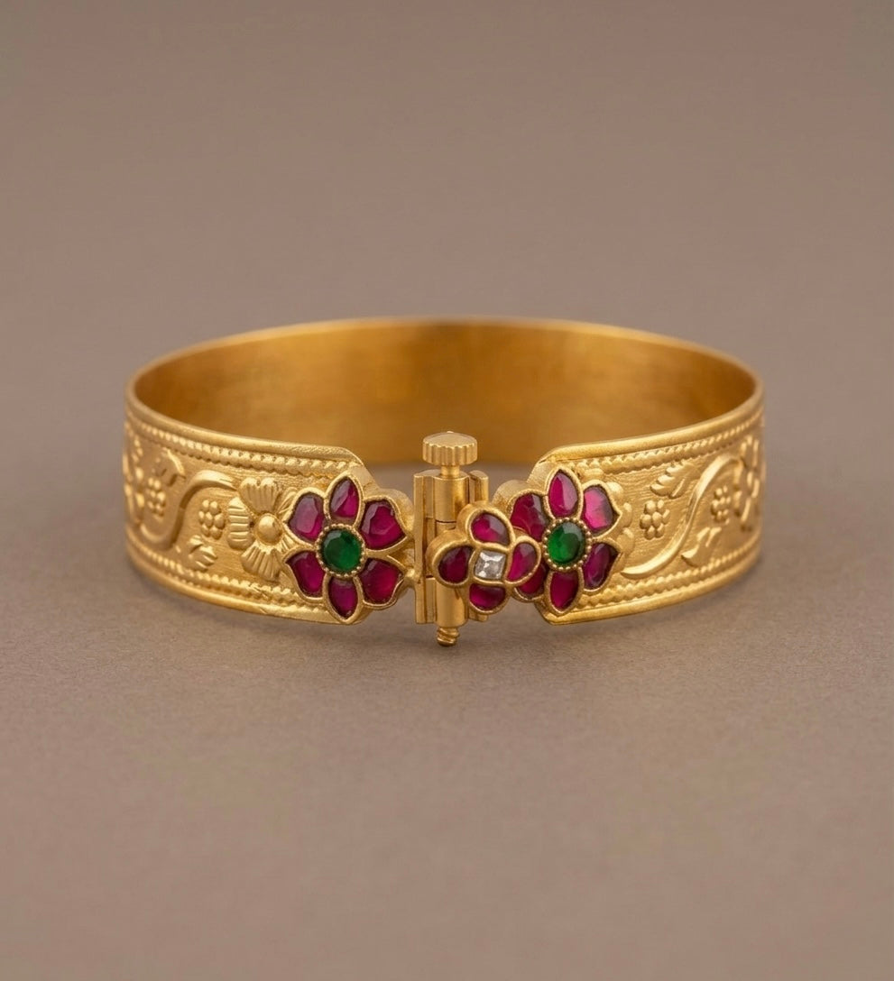 Matte finish pink-green-white Kundan jadau flower screw type kada(2.6) dj-53508