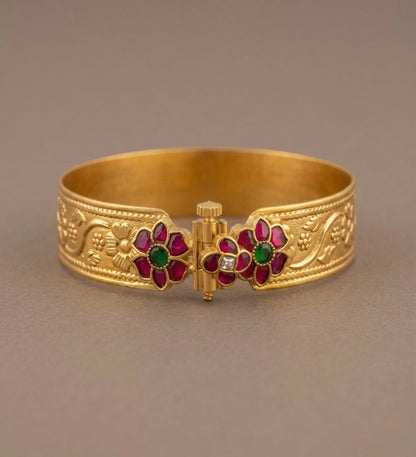 Matte finish pink-green-white Kundan jadau flower screw type kada(2.6) dj-53508