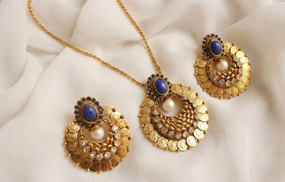 Antique gold tone blue lakshmi coin bali necklace set - DJ16741