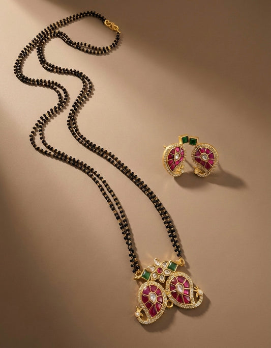 Matte finish pink-green-white kundan jadau mango 24 inches mangalsutra set dj-51540
