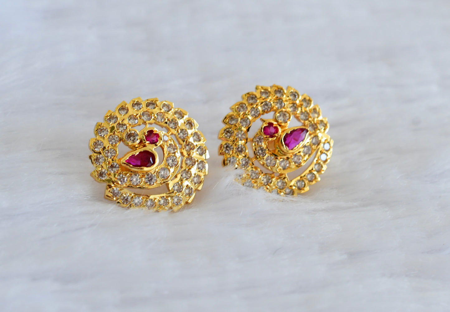 Gold tone AD pink-white south Indian peacock round stad/earrings dj-53347
