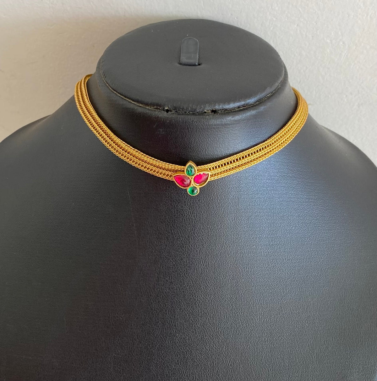 Matte finish pink-green kundan jadau flower choker/necklace dj-55085
