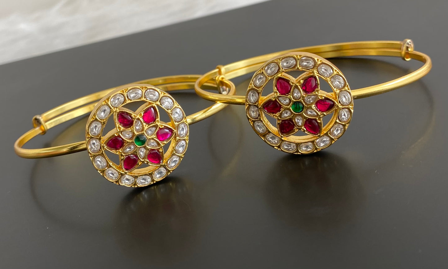 Gold tone kundan jadau kemp-green-white round flower baju band dj-53839