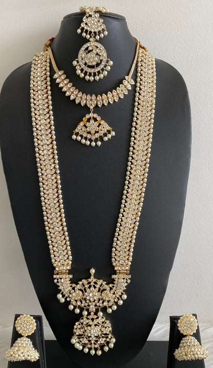Gold tone AD white stone pearl flower bridal set dj-53966