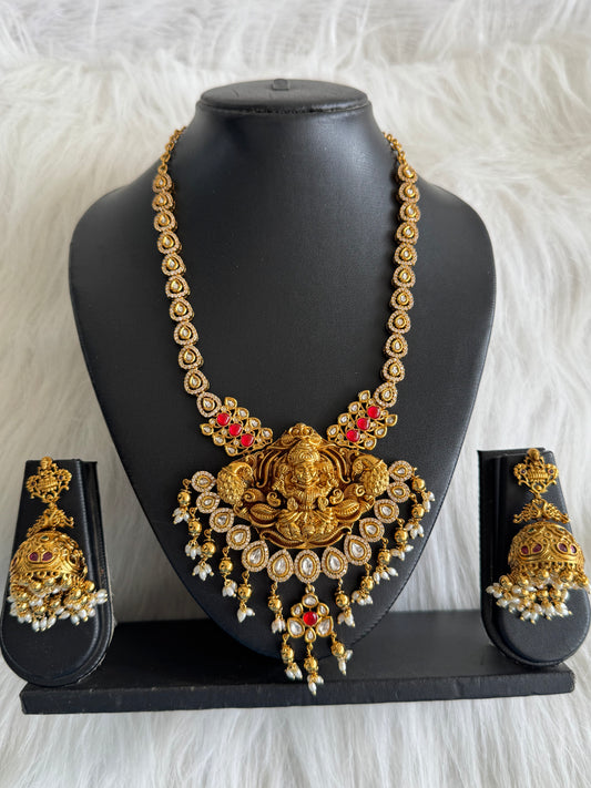 Antique gold tone pink-white stone lakshmi peacock necklace set dj-51113