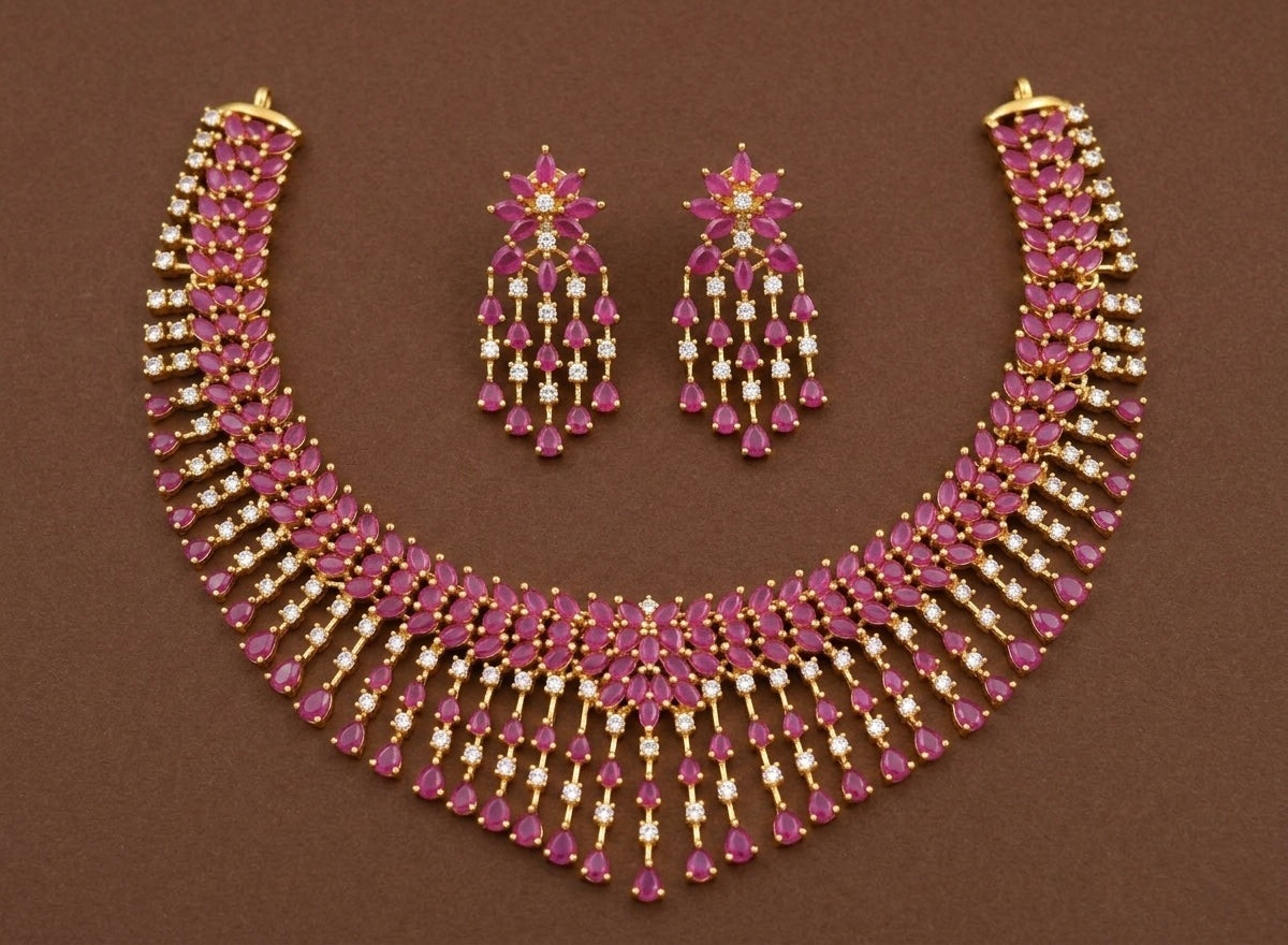 Gold tone cz ruby bridal necklace set dj-07959