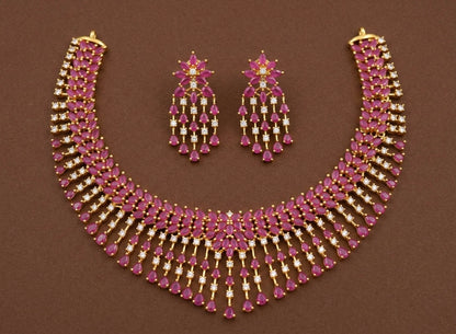 Gold tone cz ruby bridal necklace set dj-07959