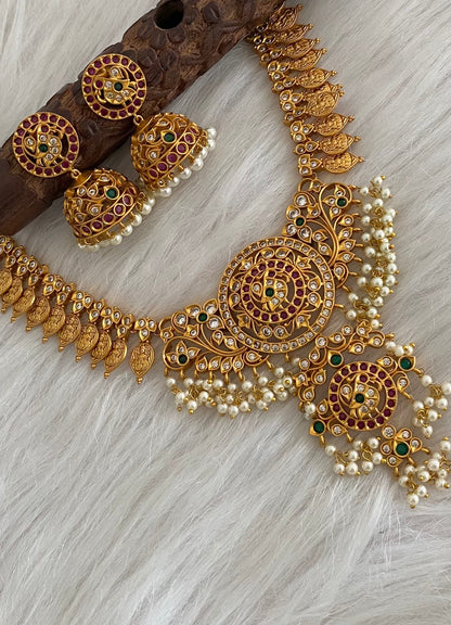 Matte finish ruby-emerald-white pearl lakshmi coin haar set dj-54996