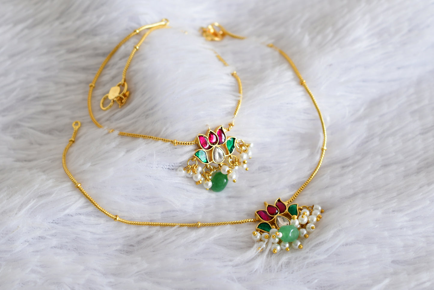 Gold tone pink-green-white lotus kundan jadau anklets dj-52398