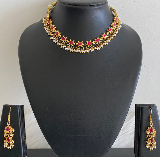 Antique gold tone kemp kundan jadau pearl necklace set dj-54150