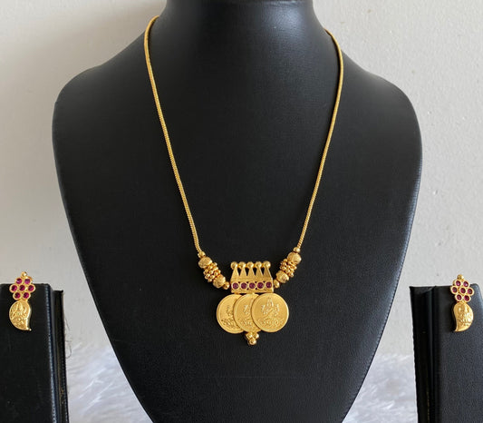 Gold tone kerala style pink stone lakshmi coin necklace set dj-54356