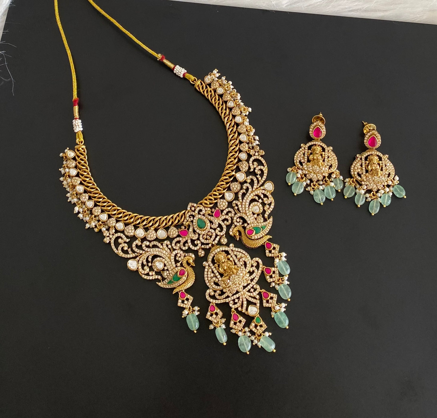 Antique gold tone lakshmi peacock beaded kundan jadau necklace set dj-54508