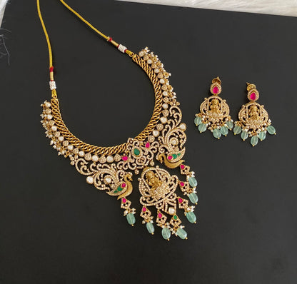 Antique gold tone lakshmi peacock beaded kundan jadau necklace set dj-54508