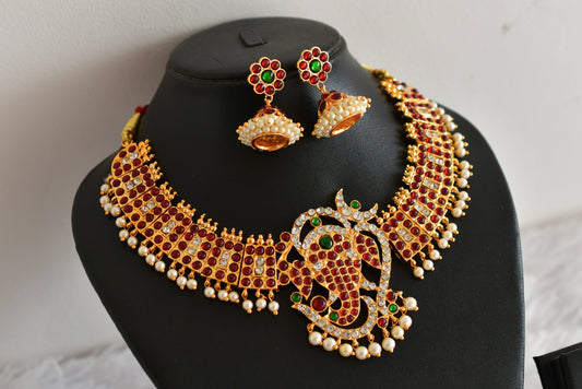 Gold tone kemp-green Ganesha poothali necklace set dj-52355