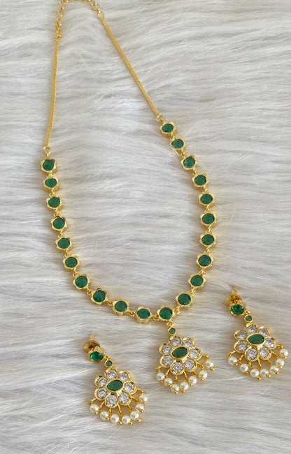 Gold tone green-white stone pearl necklace set dj-54235