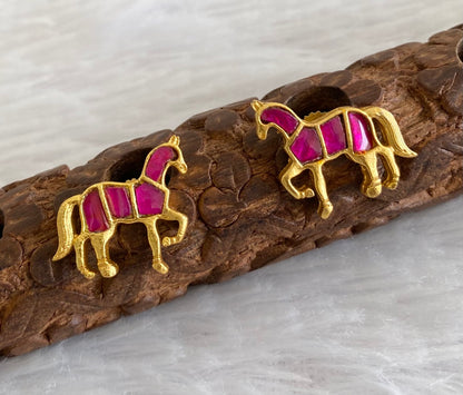 Gold tone pink kundan jadau horse earrings dj-53539