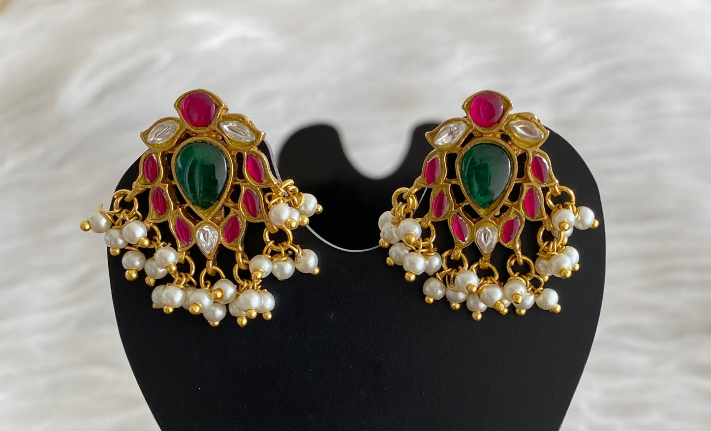 Gold tone pink-green-white kundan jadau pearl bugadi earrings dj-53664