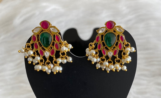 Gold tone pink-green-white kundan jadau pearl bugadi earrings dj-53664