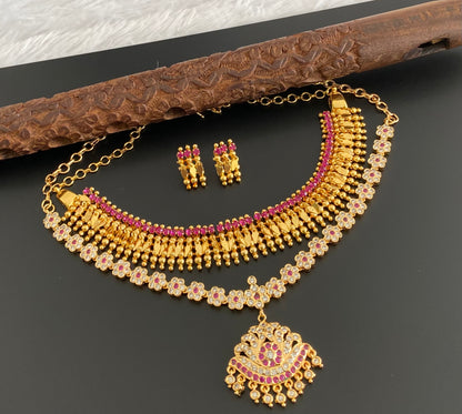 Gold tone pink-white stone combo necklace set dj-54355
