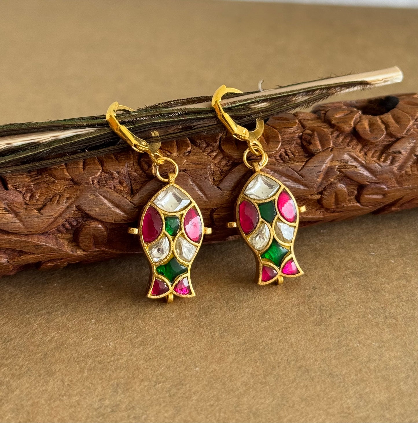 Gold tone pink-green-white kundan jadau fish hook earrings dj-51531