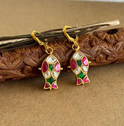 Gold tone pink-green-white kundan jadau fish hook earrings dj-51531