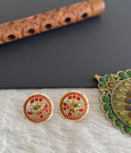 Gold tone pink-green kundan jadau peacock round big stud/earrings dj-51500
