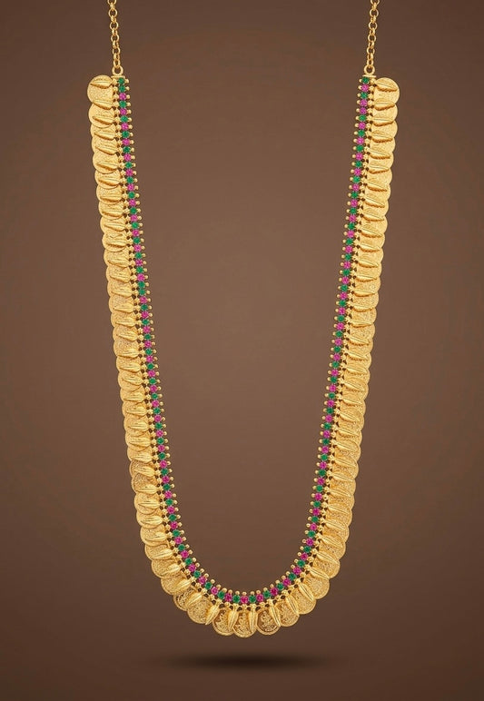 Gold tone ruby-green stone Lakshmi coin haar dj-41941